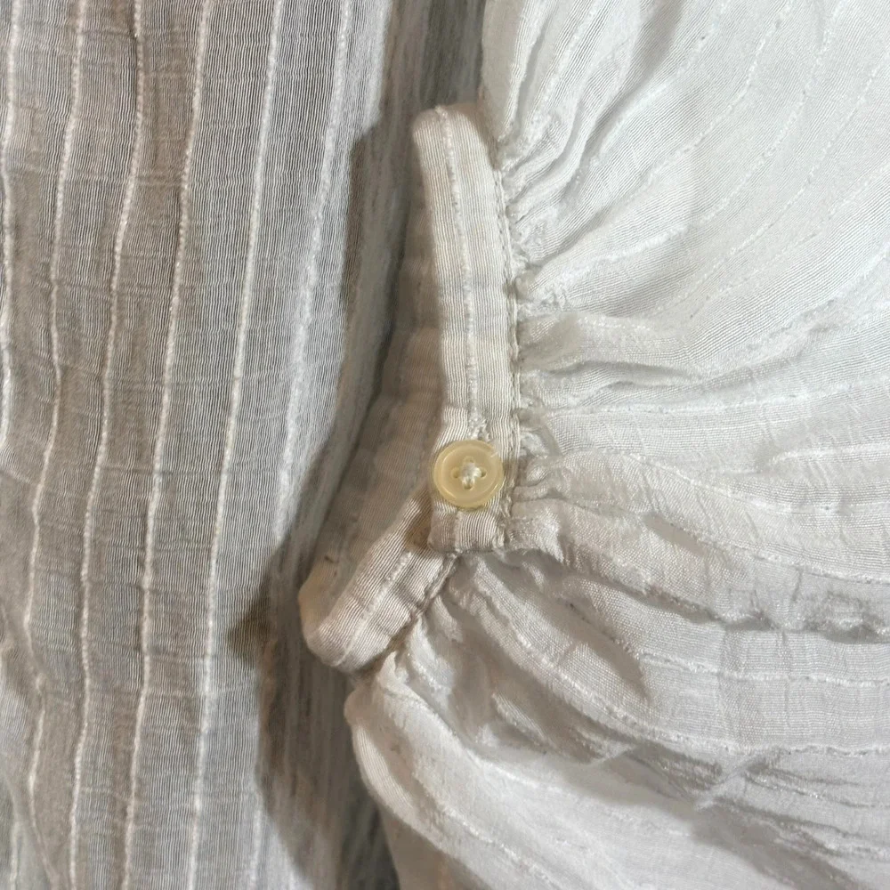 LOFT White Stripe Blouse Semi-Sheer Button Top V-Neck Long Puff Sleeve Small